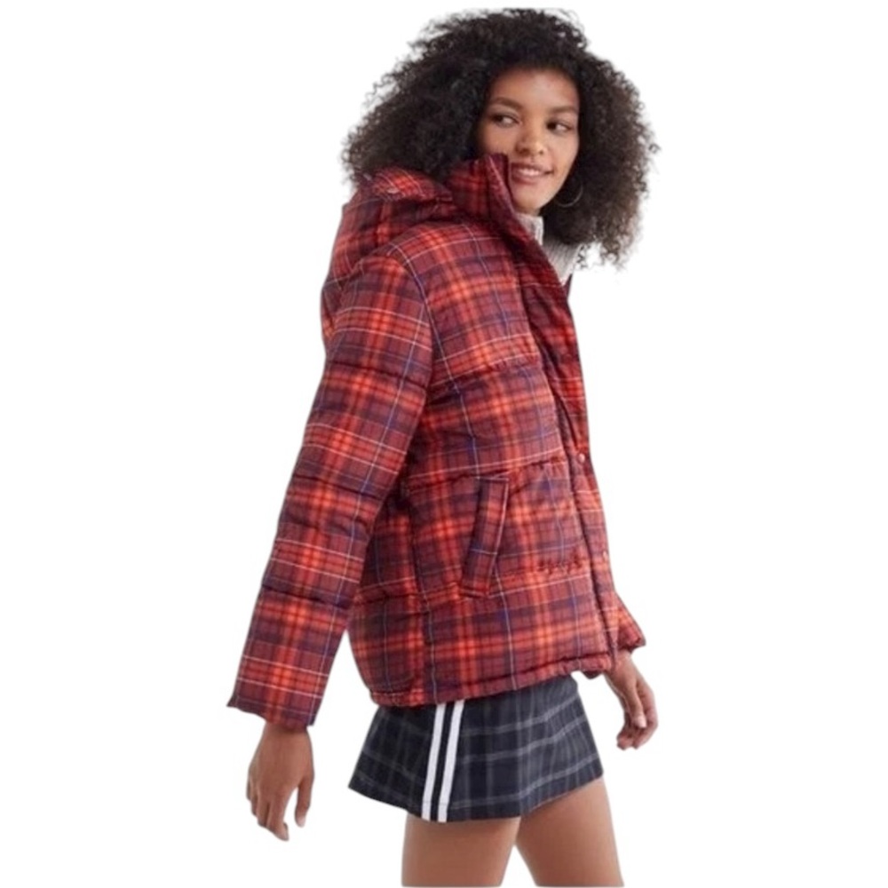 Urban Outfitters Size XS Hooded Puffer Jacket Red Orange Plaid Winter Streetwear